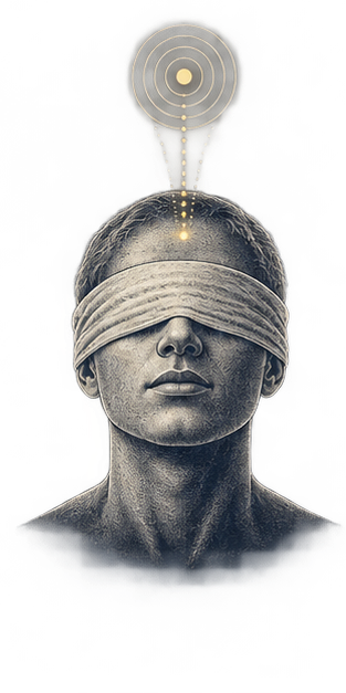 A blindfolded person receiving abstract target information