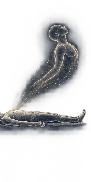 A resting body with a subtle awareness form continuing beyond it